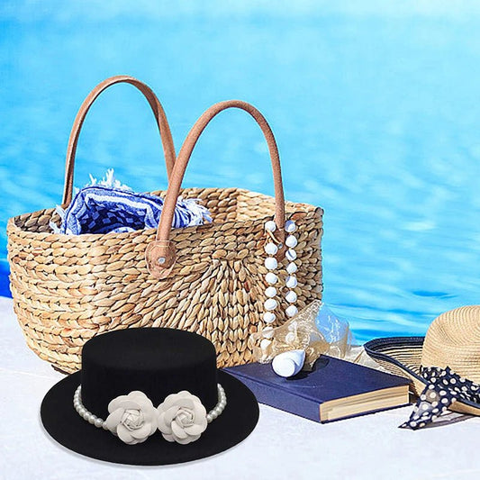 Vintage wool boater hat with pearl flower decor, classic British style fedora for women, by MANDOTOS INTERNATIONAL.