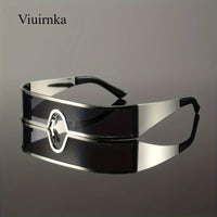 Mandotos International VIUIRNKA men's cyberpunk metal wraparound sunglasses with wide temples and futuristic design, shown with case.