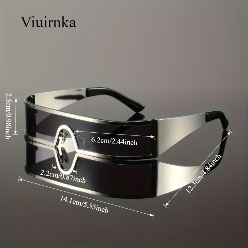 Mandotos International VIUIRNKA men's cyberpunk metal wraparound sunglasses with wide temples and futuristic design.