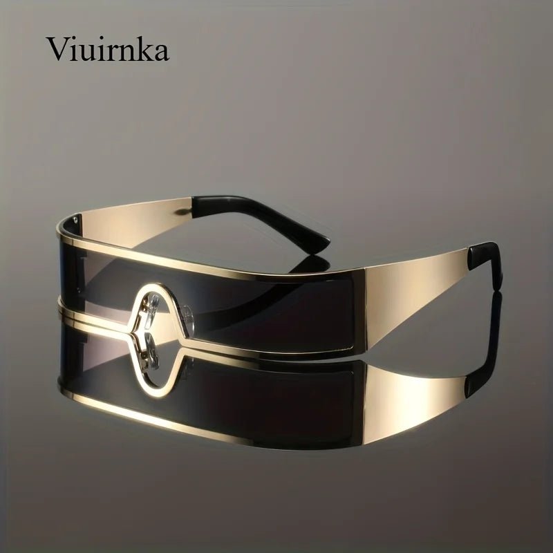 Mandotos International VIUIRNKA men's cyberpunk metal wraparound sunglasses with wide temples and futuristic design, including case.