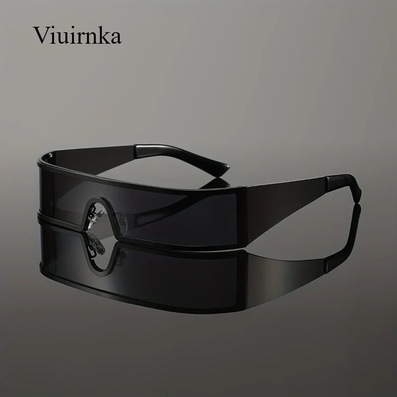 Mandotos International VIUIRNKA men's cyberpunk metal wraparound sunglasses with wide temples and futuristic design, with case included.