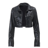 Mandotos International Vogue PU cropped jacket in black, featuring a stylish tailored fit and sleek design.