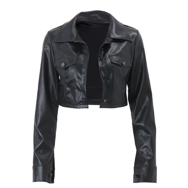 Mandotos International Vogue PU cropped jacket shown in black, featuring a stylish short design with a front zipper and collar.