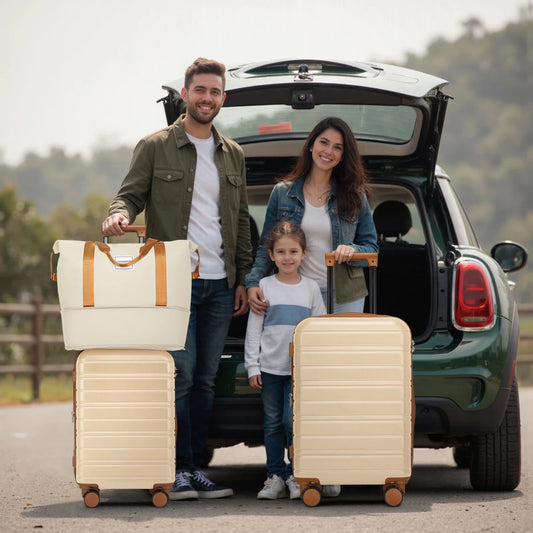 Water-resistant travel luggage set with TSA lock and gym bags by MANDOTOS INTERNATIONAL, showing the durable suitcases and accessories.