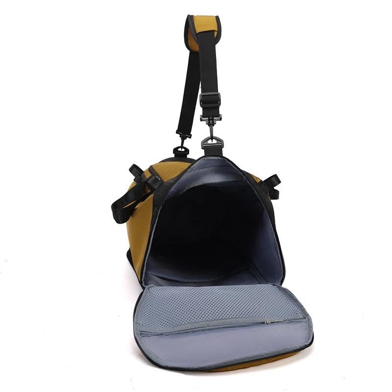 Mandotos International waterproof Oxford gym bag for men with duffel style, tote design, and shoe compartment for convenient storage.