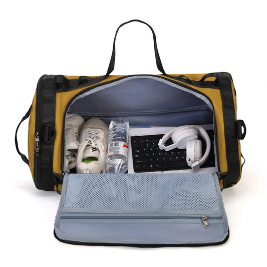 Mandotos International waterproof Oxford gym bag for men with duffel style, tote design, and shoe compartment for versatile use