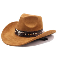 Western cowboy hat by MANDOTOS INTERNATIONAL with bullhead rivets, curved brim, windproof rope, and felt for outdoor riding and jazz.