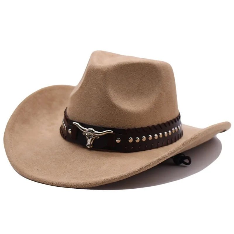 Western cowboy hat by MANDOTOS INTERNATIONAL with bullhead rivets, curved brim, windproof rope, and felt for outdoor riding and jazz.