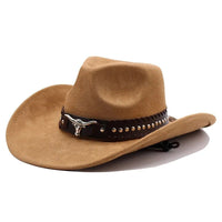 Mandotos International Western cowboy hat with bullhead rivets, curved brim, windproof rope, and felt for outdoor riding and jazz style.
