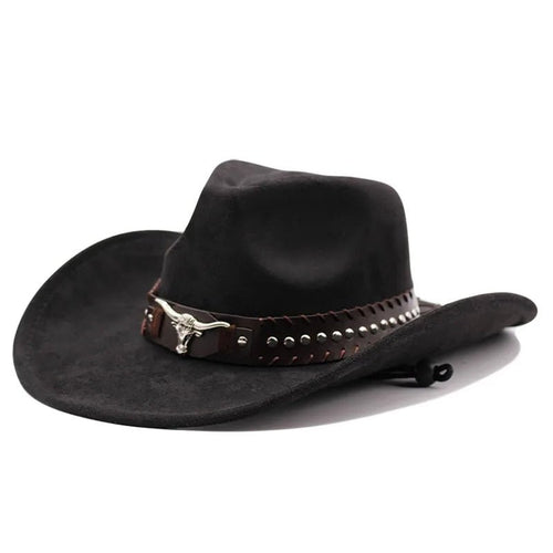 Mandotos International Western cowboy hat with bullhead rivets, curved brim, windproof rope, and felt for outdoor riding and jazz style.