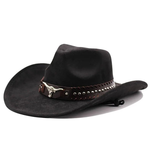 Mandotos International Western cowboy hat with bullhead rivets, curved brim, windproof rope, and felt for outdoor riding and jazz style.