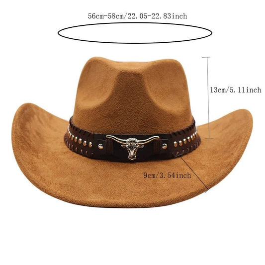 Western cowboy hat by MANDOTOS INTERNATIONAL with bullhead rivets, curved brim, windproof rope, felt material for outdoor riding and jazz.