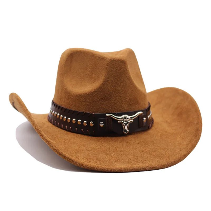 Mandotos International western cowboy hat with bullhead rivets, curved brim, windproof rope, and felt for outdoor riding and jazz style