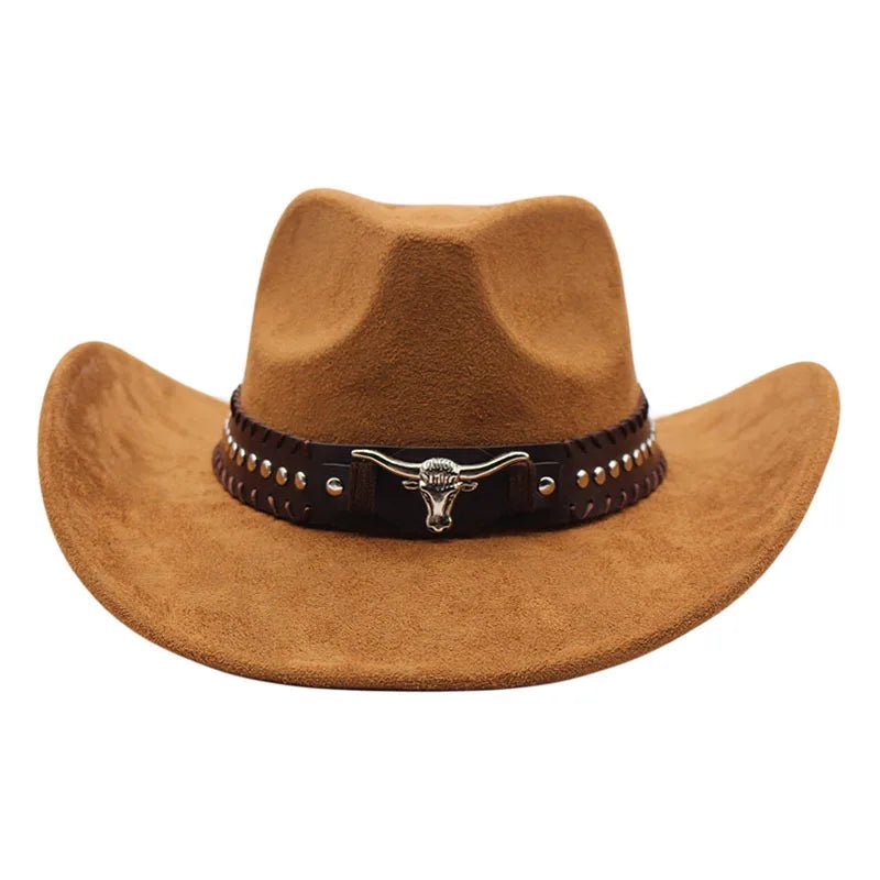 Mandotos International western cowboy hat with bullhead rivets, curved brim, windproof rope, and felt for outdoor riding and jazz.