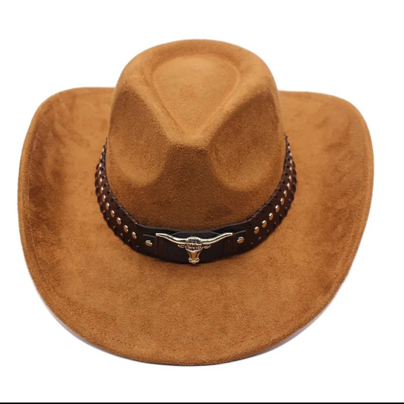 Mandotos International western cowboy hat with bullhead rivets, curved brim, windproof rope, and felt for outdoor riding and jazz shows.