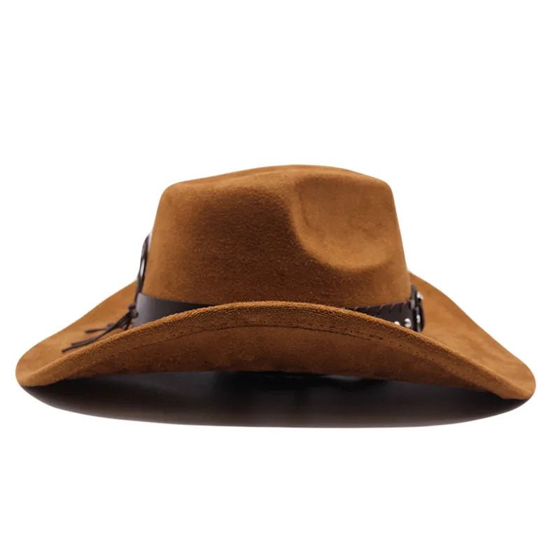 Mandotos International Western cowboy hat with bullhead rivets, curved brim, windproof rope, and felt for outdoor riding and jazz style.