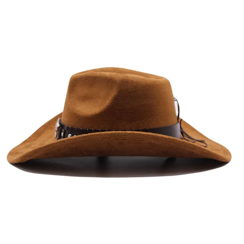 Western cowboy hat by MANDOTOS INTERNATIONAL with bullhead rivets, curved brim, windproof rope, felt for outdoor riding and jazz.