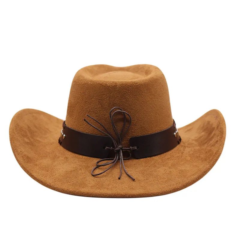 Mandotos International Western cowboy hat with bullhead rivets, curved brim, windproof rope, and felt for outdoor riding and jazz fashion.