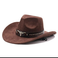 Western cowboy hat by MANDOTOS INTERNATIONAL with bullhead rivets, curved brim, windproof rope, and felt for outdoor riding and jazz.