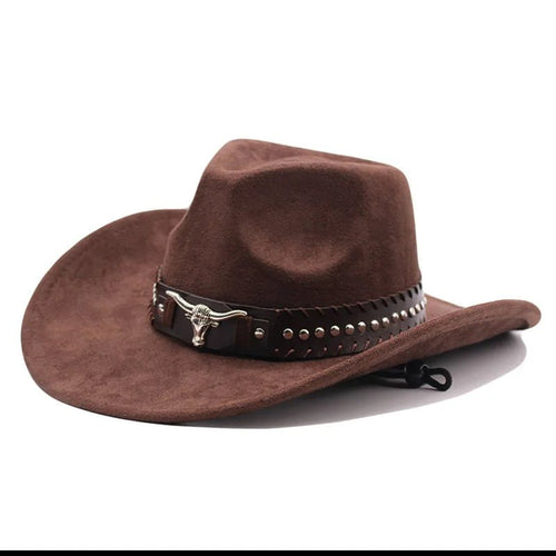 Western cowboy hat by MANDOTOS INTERNATIONAL with bullhead rivets, curved brim, windproof rope, and felt for outdoor riding and jazz.
