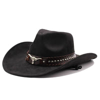 Mandotos International Western cowboy hat with bullhead rivets, curved brim, windproof rope, and felt for outdoor riding and jazz style.
