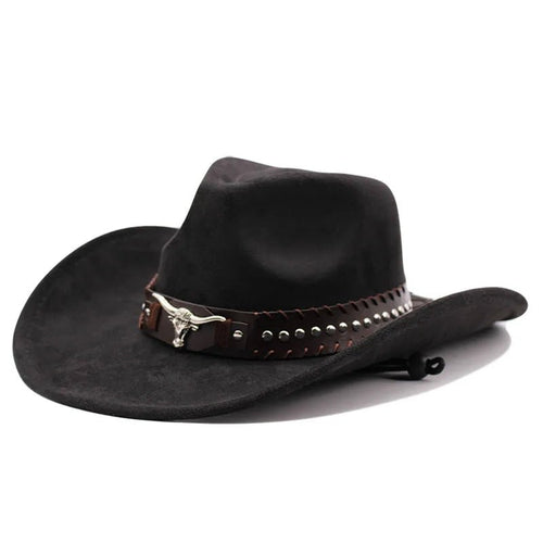 Mandotos International Western cowboy hat with bullhead rivets, curved brim, windproof rope, and felt for outdoor riding and jazz style.
