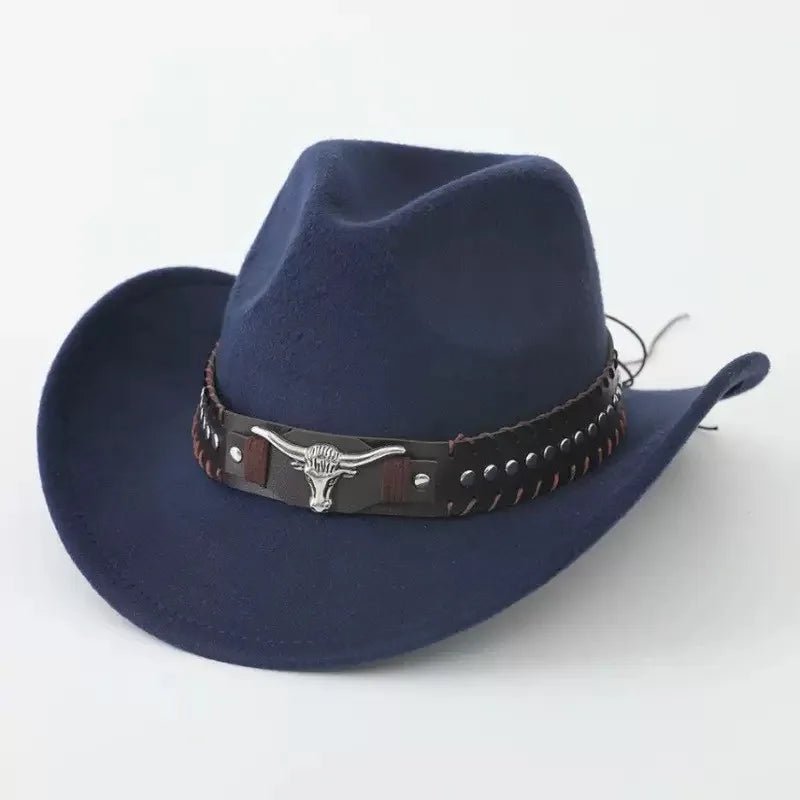Western cowboy hat by Mandotos International with bullhead rivets, curved brim, windproof rope, and felt for outdoor riding and jazz.