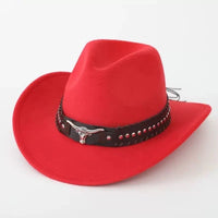 Western cowboy hat by MANDOTOS INTERNATIONAL with bullhead rivets, curved brim, windproof rope, and felt for outdoor riding and jazz.