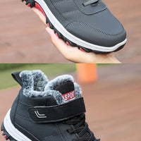 Mandotos International men's plush winter hiking cotton boots with Velcro buckle, lightweight, warm, durable, and comfortable snow footwear.