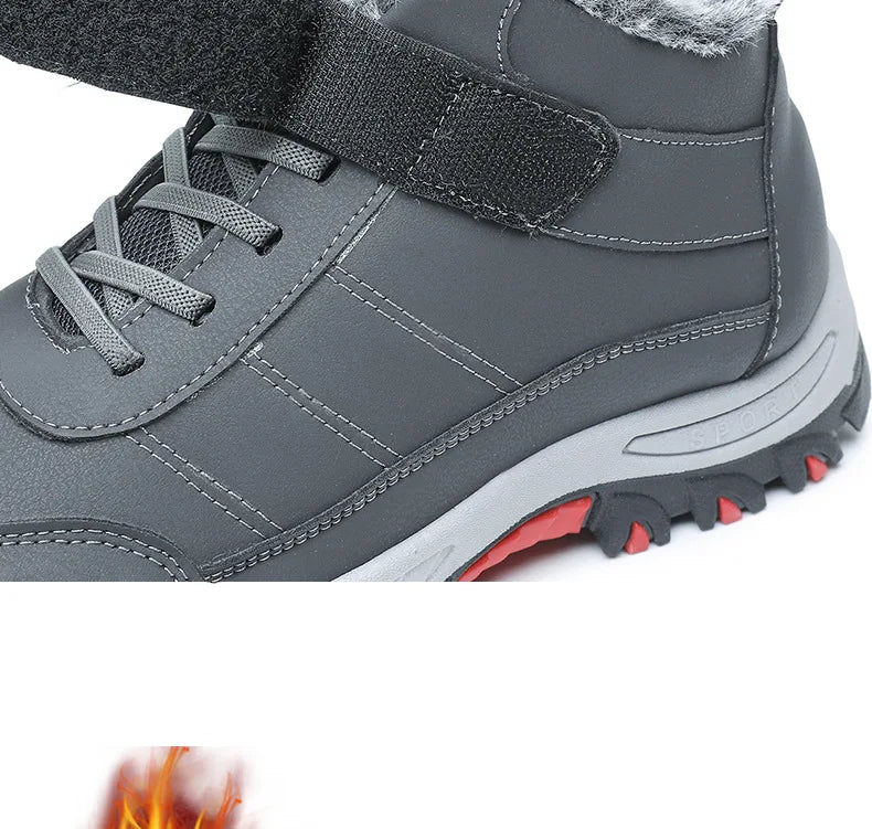 Mandotos International men's winter hiking cotton boots with plush lining, Velcro buckle, lightweight design, ideal for outdoor snow activities.