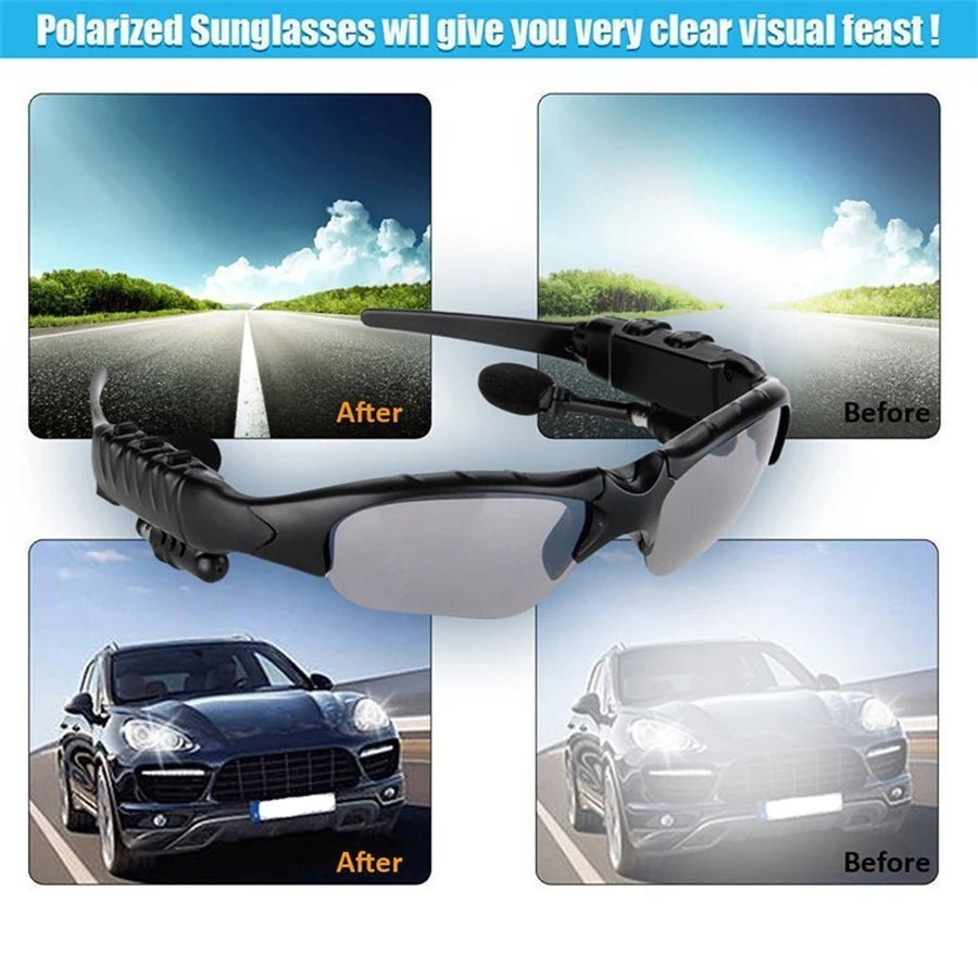 Wireless stereo smart glasses with microphone for driving and cycling by MANDOTOS INTERNATIONAL, featuring sleek design and integrated audio.