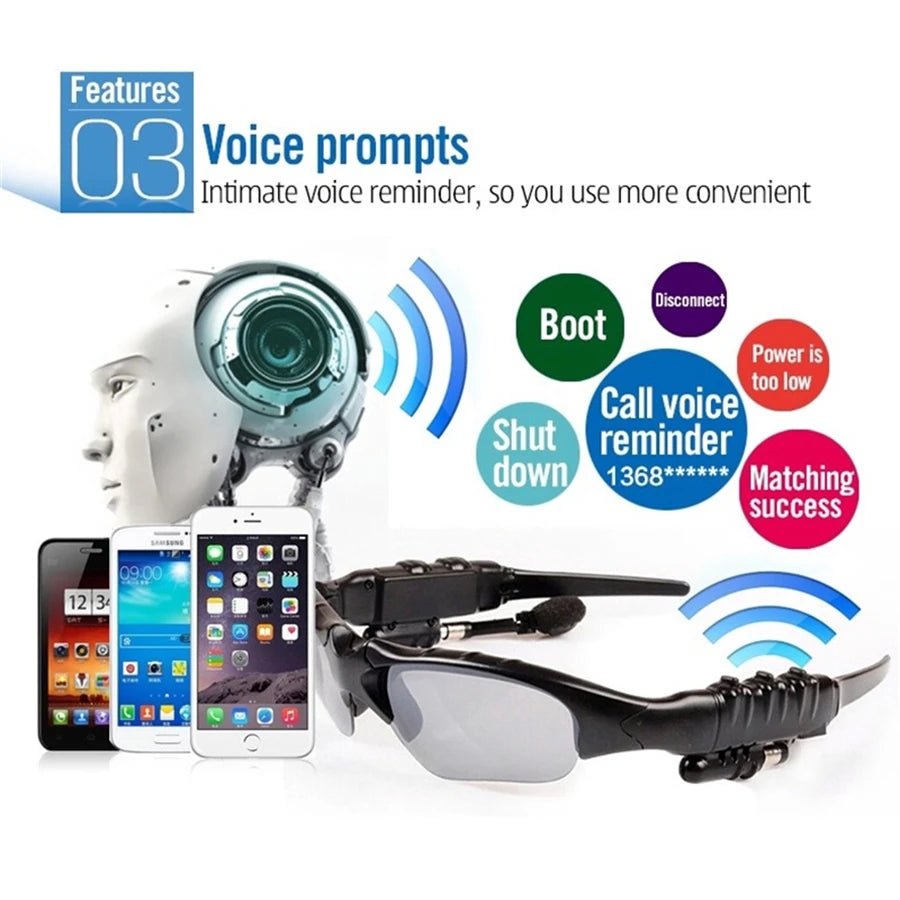 Wireless stereo smart glasses with mic for driving and cycling by MANDOTOS INTERNATIONAL, featuring sleek design and hands-free communication.