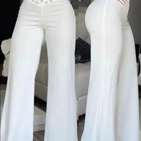 Women flared pants by MANDOTOS INTERNATIONAL featuring high waist, sheer mesh patches, wide leg, perfect for office or casual spring summer.