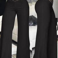 Women flared pants by MANDOTOS INTERNATIONAL featuring high waist, sheer mesh patches, wide-leg style, perfect for office or casual wear.