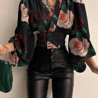 Women's blouse from MANDOTOS INTERNATIONAL with irregular V-neck, lantern sleeves, solid color, casual loose fit, perfect for autumn.