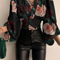 Women’s blouse from MANDOTOS INTERNATIONAL featuring a sexy irregular V-neck, lantern sleeves, solid color, and casual loose fit.