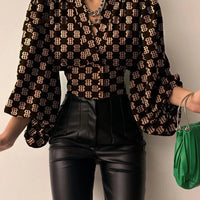 Women's MANDOTOS International blouse with irregular V-neck, lantern sleeves, solid color, casual loose tunic top for autumn.