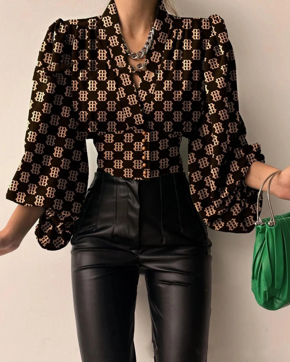 Women's MANDOTOS International blouse with irregular V-neck, lantern sleeves, solid color, casual loose tunic top for autumn.