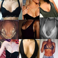 Women's gold body chain necklace and bikini jewelry set with four pieces, featuring delicate chain details and stylish design.