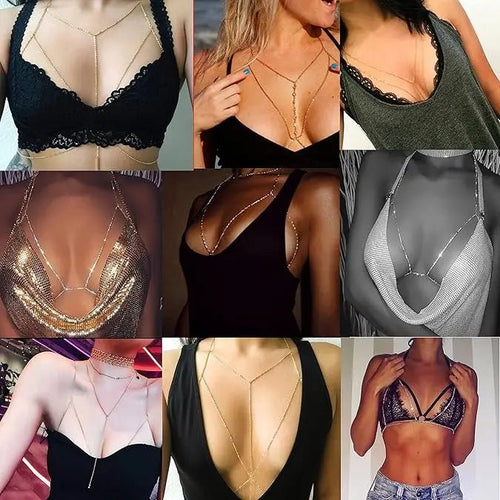 Women's gold body chain necklace and bikini jewelry set with four pieces, featuring delicate chain details and stylish design.