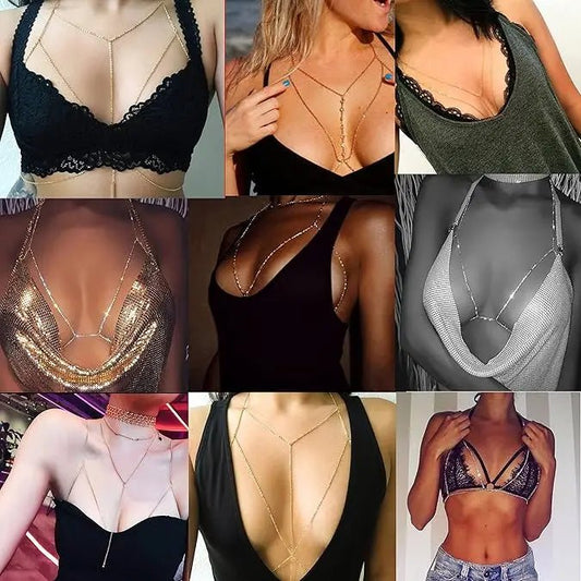Women's gold body chain necklace and bikini jewelry set with four pieces, featuring delicate chain details and stylish design.