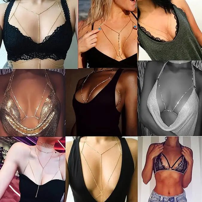 Women's gold body chain necklace and bikini jewelry set with four pieces, featuring delicate chain details and stylish design.