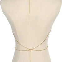 Women's gold body chain necklace bikini jewelry set with four pieces, featuring delicate chain details and stylish design.
