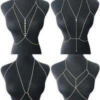 Women's gold body chain necklace bikini jewelry set with four pieces, featuring intricate chain designs and versatile accessories.