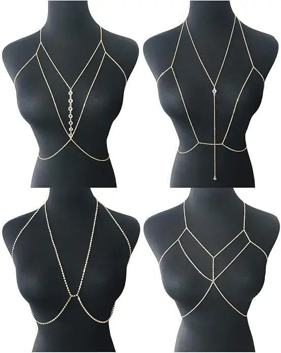 Women's gold body chain necklace bikini jewelry set with four pieces, featuring intricate chain designs and versatile accessories.