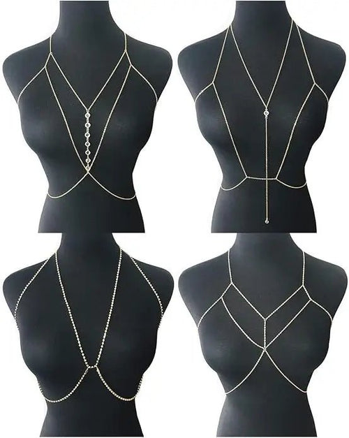 Women's gold body chain necklace bikini jewelry set with four pieces, featuring intricate chain designs and versatile accessories.
