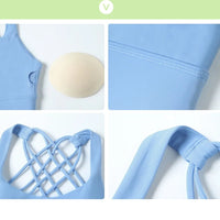 Women's shockproof yoga crop top and anti-sweat gym sports bra by MANDOTOS INTERNATIONAL, shown in a close-up view.