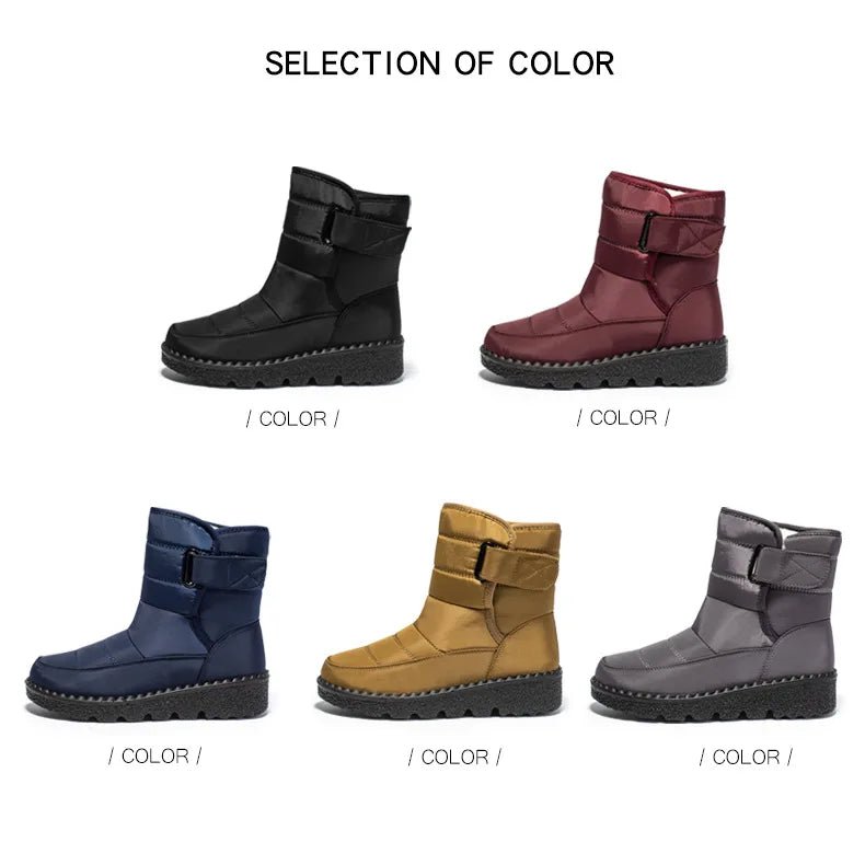 Women's waterproof winter snow boots by MANDOTOS INTERNATIONAL, non-slip ankle boots with warm platform soles, suitable for cold weather.