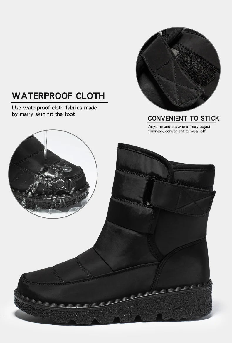 Women's waterproof winter snow boots by MANDOTOS INTERNATIONAL featuring non-slip soles, warm insulation, ankle height, and platform style.