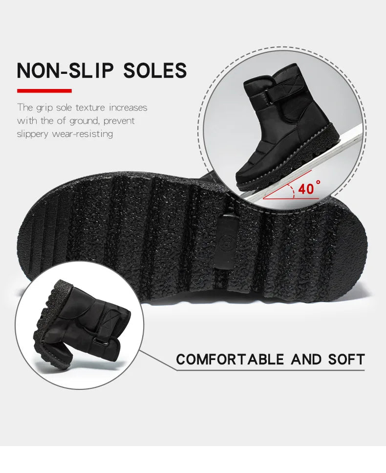 Women's waterproof winter snow boots by MANDOTOS INTERNATIONAL featuring non-slip soles, warm lining, and platform ankle design.